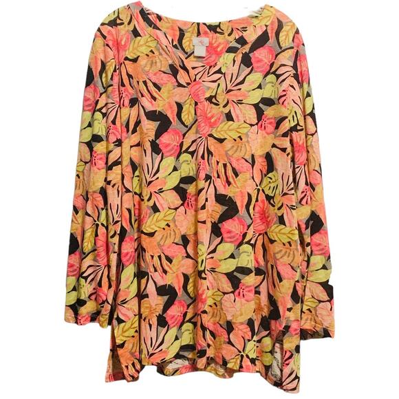 CHICO'S Size 3, US XL 100% Linen Tropical Print Top Pullover Resortwear Vacation - Picture 1 of 8